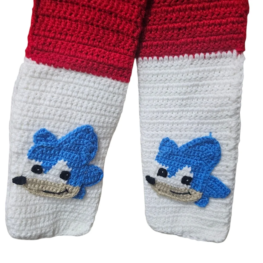 Handmade Red and‎ White Scarf with Blue Character Design Sonic The Hedge Hog